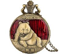 ADJAN Chinese National Treasure Giant Panda Quartz Pocket Watch Sweater Chain Necklace Pendant Clock Best Souvenir Collectibles Gifts,red