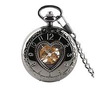 ADJAN Heart Hollow Mechanical Pocket Watch Retro Black Manual Machinery Pendant Pocket Clock Thick Chain Hand Winding Timepiece,Black