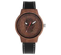 ADJAN Men and Women Watch Wooden Quartz Watch Black Leather Strap Brown Walnut Grain Road Red Bee Pattern Needle Buckle,Wooden Watch C