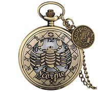 ADJAN Modern 12 Constellations Necklace Retro Zodiac Pattern Pocket Watch Chain Bronze Pendant Birthday Clock Gifts with Accessory,Scorpio
