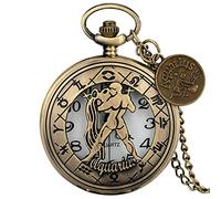 ADJAN Modern 12 Constellations Necklace Retro Zodiac Pattern Pocket Watch Chain Bronze Pendant Birthday Clock Gifts with Accessory,Aquarius