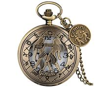 ADJAN Modern 12 Constellations Necklace Retro Zodiac Pattern Pocket Watch Chain Bronze Pendant Birthday Clock Gifts with Accessory,Gemini