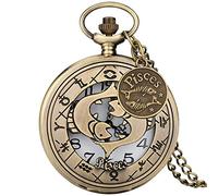 ADJAN Modern 12 Constellations Necklace Retro Zodiac Pattern Pocket Watch Chain Bronze Pendant Birthday Clock Gifts with Accessory,Pisces