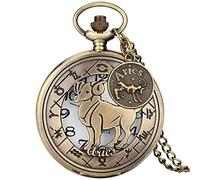 ADJAN Modern 12 Constellations Necklace Retro Zodiac Pattern Pocket Watch Chain Bronze Pendant Birthday Clock Gifts with Accessory,Aries