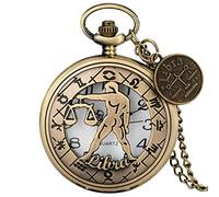 ADJAN Modern 12 Constellations Necklace Retro Zodiac Pattern Pocket Watch Chain Bronze Pendant Birthday Clock Gifts with Accessory,Libra