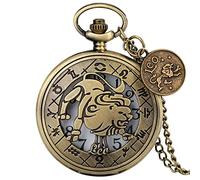 ADJAN Modern 12 Constellations Necklace Retro Zodiac Pattern Pocket Watch Chain Bronze Pendant Birthday Clock Gifts with Accessory,Leo