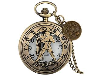 ADJAN Modern 12 Constellations Necklace Retro Zodiac Pattern Pocket Watch Chain Bronze Pendant Birthday Clock Gifts with Accessory,Aquarius