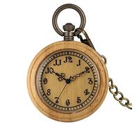ADJAN New Environmental Protection Natural Ecological Carbonized Bamboo Wood Quartz Pocket Watch Arabic Numbers with Silver Hook Chain,Vintage Wood