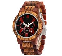 ADJAN Red Sandalwood Watch for Men Scale Dial Men's Wood Watch Folding Clasp with Safety Wooden Watches Chronograph Retro Clock Gifts,red