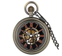 ADJAN Retro Black/Bronze Hand Winding Mechanical Pocket Watch Men Antique Chain Pendant Clock Transparent Cover Roman Numbers Dial,Bronze
