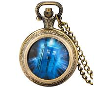 ADJAN Retro Medium Size Space Exploration Hero Time Lord Design White Geometric Design Quartz Pocket Watch Fans Necklace Cosplay Gifts,Telephone Booth