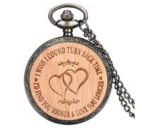 ADJAN Romantic I Wish I Could Turn Back TIME Text on Wooden Quartz Pocket Watch 100% Engraved Custom Love Watch with Necklace Chain,Love Heart