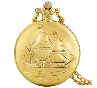 ADJAN Silver Golden Military Series U.S Navy USS Constitution Sail Frigate Quartz Pocket Watch Chain Watch,Gold 30cm Chain