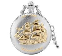 ADJAN Silver Golden Military Series U.S Navy USS Constitution Sail Frigate Quartz Pocket Watch Chain Watch,Silver 30cm Chain