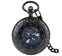 ADJAN Trendy Blue Roman Numerals Mechanical Pocket Watch Transparent Skeleton Hand Winding Pocket Chain Antique Manual Timepiece Male,Black