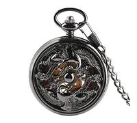 ADJAN Vintage Black Dragon Mechanical Hand Winding Pocket Watch Roman Numerals Dial Retro Pendant Manual Mechanism Antique Clock,with 30 cm Chain