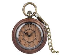 ADJAN Vintage Wood Watch Quartz Pocket Watch Ebony Walnut Wooden Chain Open Face Lightweight Clock Christmas Gifts for Men Women,Wood Pocket Watch 02