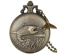 ADJAN Vivid Fishing Carving Design Quartz Pocket Watch Vintage Bronze Interesting Design Angling Clock for Men Women Fish Accessory,with Fishtail 02
