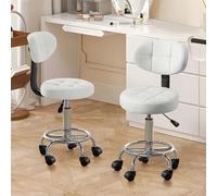 Adjuble Rolling Office Desk Chair Low Back Swivel Stool with Footrest Height-Adjuble Task Chair for Home Salon & Drafting (White Set of 2)