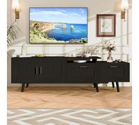 Adjustable 169cm TV Stand with Rattan Lowboard Ample Storage 2 Doors & 2 Drawers Solid Wood Legs Modern Black TV Sideboard for Living Room & Entertainment Center