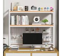 Adjustable 2/3 Tier Desktop Bookshelf for Computer Desk, Metal & Wood Bookcase with Grid Panel, Modern Office & Home Storage Solution (21.65x7.87x38.58in, White)