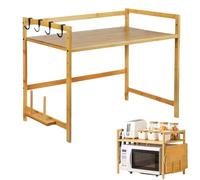 Adjustable 2-Tier Bamboo Microwave Rack with 4 Hoo & Cutting Board Holder, Freestanding Kitchen Shelf, Rustic Minimalist Design, Multifunctal Sto Solut
