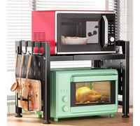 Adjustable 2-Tier Microwave Oven Rack with 4 Hooks - Heavy Duty Kitchen Shelffor Countertop Holds 180lbs Perfect for Cutting Boards and Kitchen Essentials.