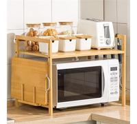 Adjustable 2-Tier Microwave Rack - Heavy Duty Bamboo Storage Shelf with Hooks & Chopping Board Stand - Perfect Kitchen Countertop nizer for Space-Saving Solutions