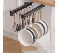 Adjustable 26-56CM Pull-Out Mop & Broom Holder Aluminum Alloy Closet Organizer with 14 Hooks for Pots Pans Ties Belts & Scarves - Space-Saving Storage Solution
