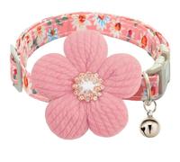 Adjustable 3D Flower Dog Collar, Rhinestone Puppy Collar Quick Release Collar with Bell(Pink)