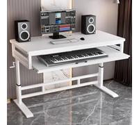 Adjustable 47" Music Studio Desk with Keyboard Tray & ShelfErgonomic Handcranked Lifting Table for Electronic Piano & Studio SetupModern White Design