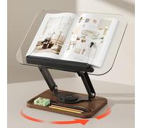 Adjustable Acrylic Book Stand with 360° Rotating Base and Elastic Page Clips, Foldable Desktop Riser for Cookbook Laptop Tablet Music Scores Recipe Textbook, Clear Reading Holder