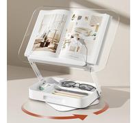 Adjustable Acrylic Book Stand with 360° Rotating Base and Elastic Page Clips, Foldable Desktop Riser for Cookbook Laptop Tablet Music Scores Recipe Textbook, Clear Reading Holder