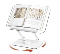Adjustable Acrylic Book Stand with 360° Rotating Base and Elastic Page Clips, Foldable Desktop Riser for Cookbook Laptop Tablet Music Scores Recipe Textbook, Clear Reading Holder