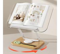 Adjustable Acrylic Book Stand with 360° Rotating Base and Elastic Page Clips, Foldable Desktop Riser for Cookbook Laptop Tablet Music Scores Recipe Textbook, Clear Reading Holder