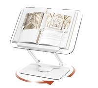 Adjustable Acrylic Book Stand with 360° Rotating Base and Elastic Page Clips, Foldable Desktop Riser for Cookbook Laptop Tablet Music Scores Recipe Textbook, Clear Reading Holder