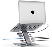 Adjustable Aluminum Laptop Riser with USB Hub, 360° Swivel, Dual Display 4K60Hz HDMI, Gigabit Ethernet, USB3.0, PD100W for MacBook Pro, Air, Dell, HP 7-15.6