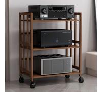 Adjustable AV Cabinet with 3 Wooden Shelves, Corner/Rack/Tower Storage, 4 Lockable Wheels, Brown, Space-Saving Design (50x38x88cm)