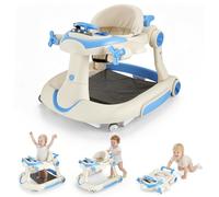 Adjustable Baby Walker with Wheels, 4-in-1 Foldable Walker, Multi-Function Anti-Rollover Baby Walker, Push Along Walker for 6-24 Month Babies Boys and Girls with Steering Wheel, Toy & Music