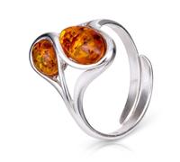 Adjustable Baltic Amber Ring for Women in 925 Sterling Silver - Genuine Two-Stone Honey Amber Infinity Design, Handcrafted Polish Amber Jewelry, Gift Ready