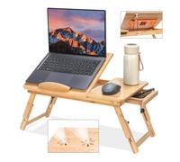 Adjustable Bamboo Laptop Desk with Cooling Fan, Foldable Bed Tray for Breakfast, Writing, and Drawing, with Tilting Top and Drawer, Portable Lap Desk for Bed, Sofa, and Floor. (bamboo)