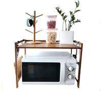 Adjustable Bamboo Microwave Rack with 2-Tier Storage Shelf, 4 Hooks & Chopping Board Holder - Stylish Wooden Kitchen Organizer (Brown)