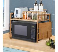 Adjustable Bamboo Microwave Rack, Wooden Kitchen Shelf with 4 Hoo, 2-Tier Sto nizer, Space-Saving Design (52 x 30 x 35 cm)