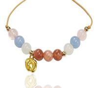 Adjustable Beaded Charm Bracelet for Women, Multicolour, 9 Beads, 1-Pack | Gold-Coloured Sliding Knot Cord, Pale Pink, Light Blue, White And Reddish-Brown Details, For Casual Wear And Social Occasions