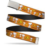 Adjustable Belt, Clamp Buckle, Cut-to-Fit, Peanuts Snoopy And Woodstock Poses Collage Orange, Multicolor, 1.5" Wide - Fits Waist Up to 42"