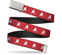 Adjustable Belt, Clamp Buckle, Cut-to-Fit, Star Trek Starfleet Insignia Red White, Multicolor, 1.25" Wide - Fits Waist Up to 42"