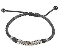 Adjustable Black Braided Leather Anklet with Embossed Silver Tube - Unisex Boho Foot Jewelry (23 cm/9 inch Inner Circumference)