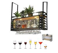 Adjustable Black Metal Wine Glass Holder Upside Down Ceiling Shelf for Bars Restaurants & Kitchens Sleek Iron Design with Neon Lights Trendy Decor 30-60 cm