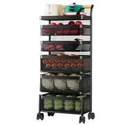 Adjustable Black Vegetable Storage Rack Cart with Wheels - Removable Fruit Basket Organizer for Kitchen Pantry or Garden - 6-Tier Rolling Cart