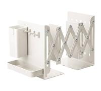 Adjustable Book Ends, 7.5" Tall Heavy Duty Metal Adjustable Bookends Book Holders Organizer with Removable Pen Holder Tray and 3 Hook-up for Heavy Books Desk Office Home (White,1 Pcs)